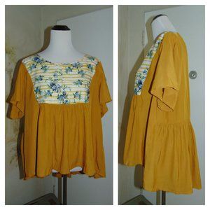 Women’s Plus Size Short Sleeve High/Low Size 1XL Mustard Floral Pullover Blouse